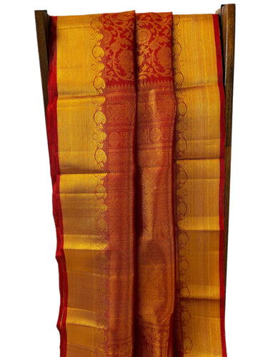ShopNaya Exclusive | Metallic Brocade Kanchipuram Pure Silk Saree | Red | Pure Gold Zari | Handwoven | Ships from California